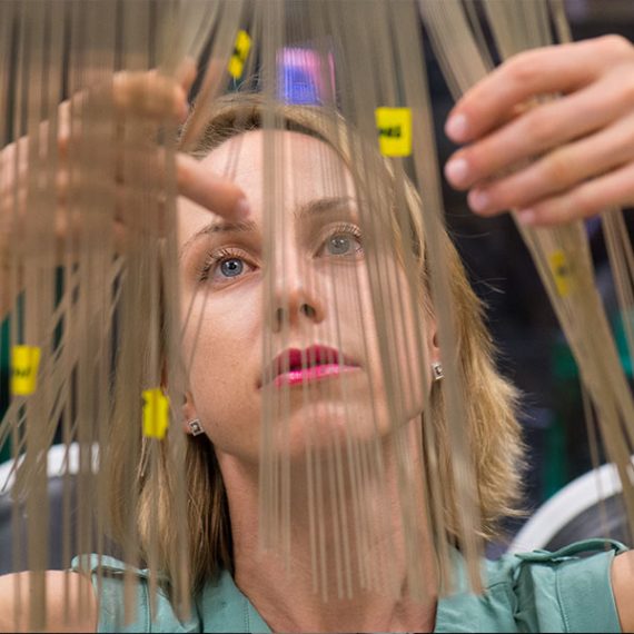 Polina Anikeeva looking at optoelectronic probes