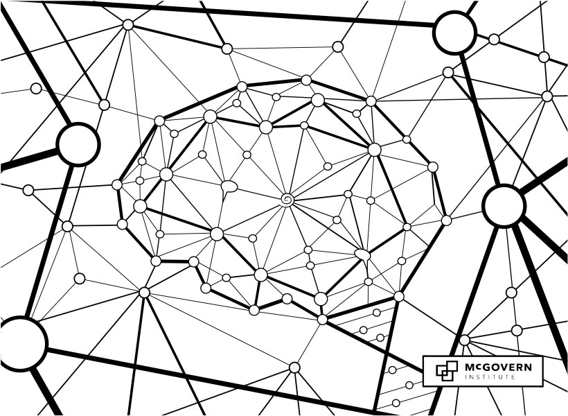 Line art showing an artificial neural network in the shape of the human brain and the McGovern Institute logo.