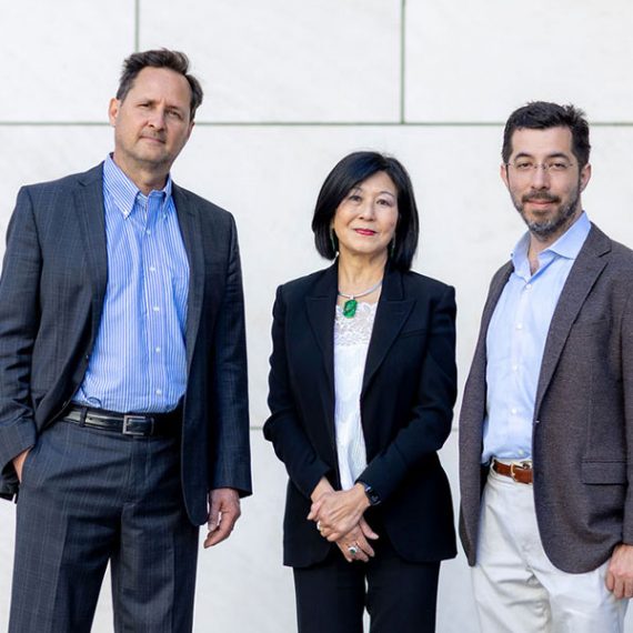 Portrait of Hugh Herr, Lisa Yang, and Ed Boyden (from left to right).
