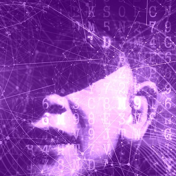 Face of boy with double exposure of network interface. Concept of artificial intelligence and machine learning.