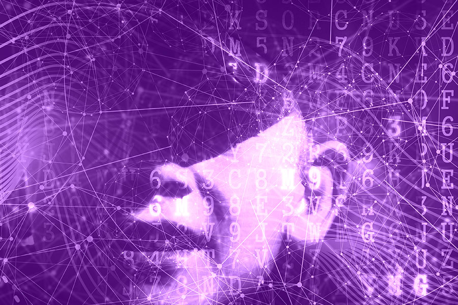 Face of boy with double exposure of network interface. Concept of artificial intelligence and machine learning.