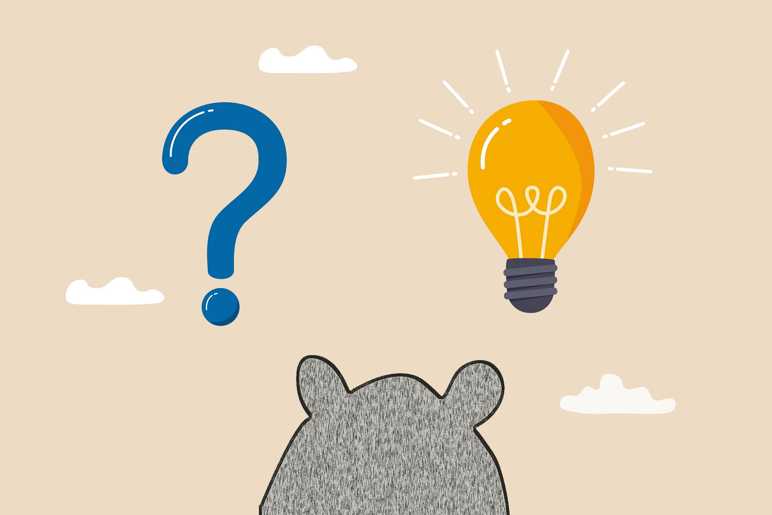 Illustration of mouse looking at a question mark and light bulb.