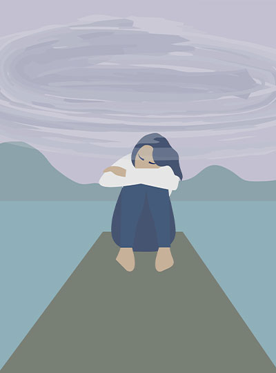llustration of woman sitting at end of a dock with head down, arms wrapped around her knees.