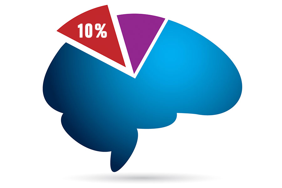 Blue brain with pie chart showing a piece labeled ten percent