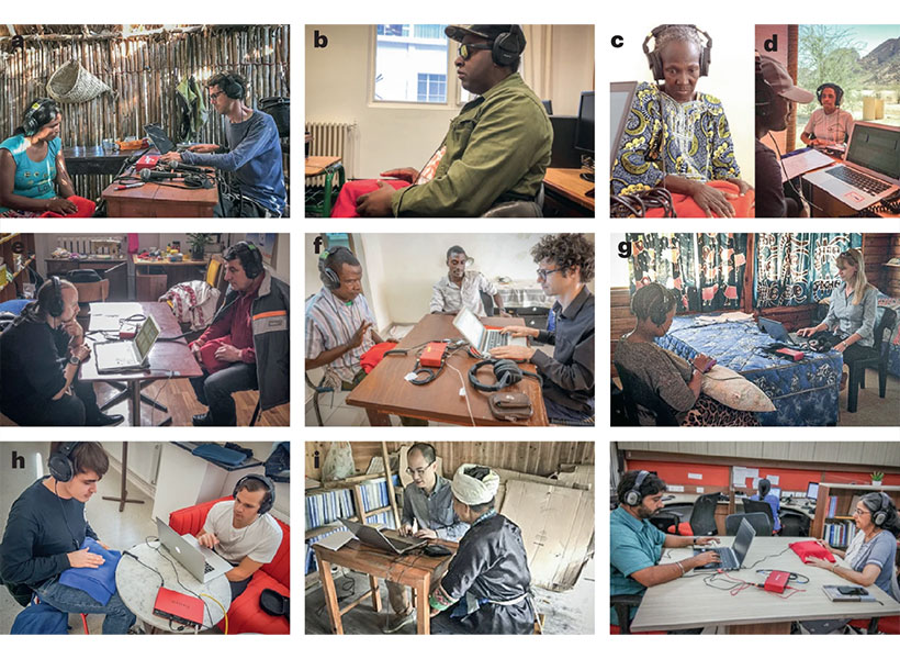 A grid of nine different photos showing a researcher working with an individual at a table. The individuals are wearing headphones. 