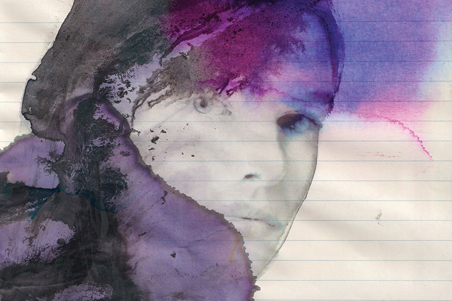 composite artwork of woman partially obscured by purple watercolor.